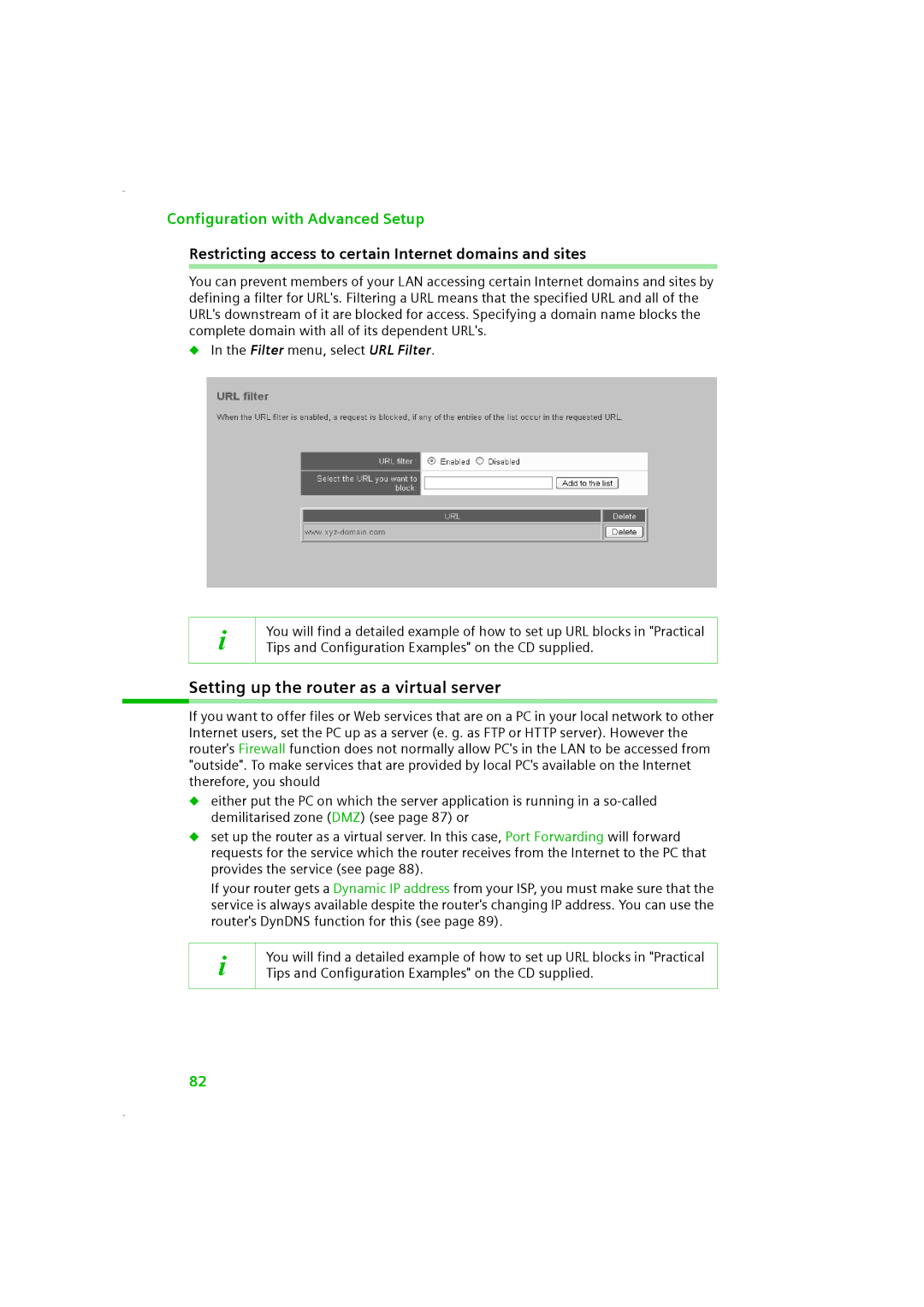 Siemens SE505 manual Setting up the router as a virtual server, Restricting access to certain Internet domains and sites 