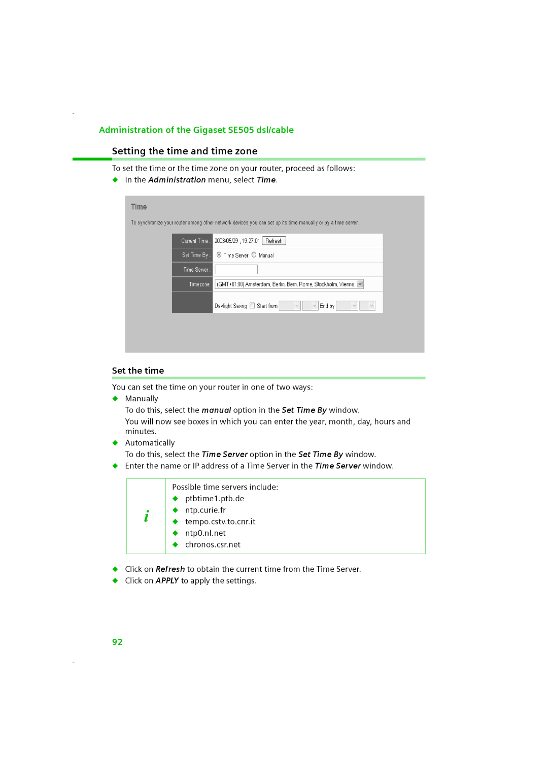 Siemens SE505 manual Setting the time and time zone, Set the time 