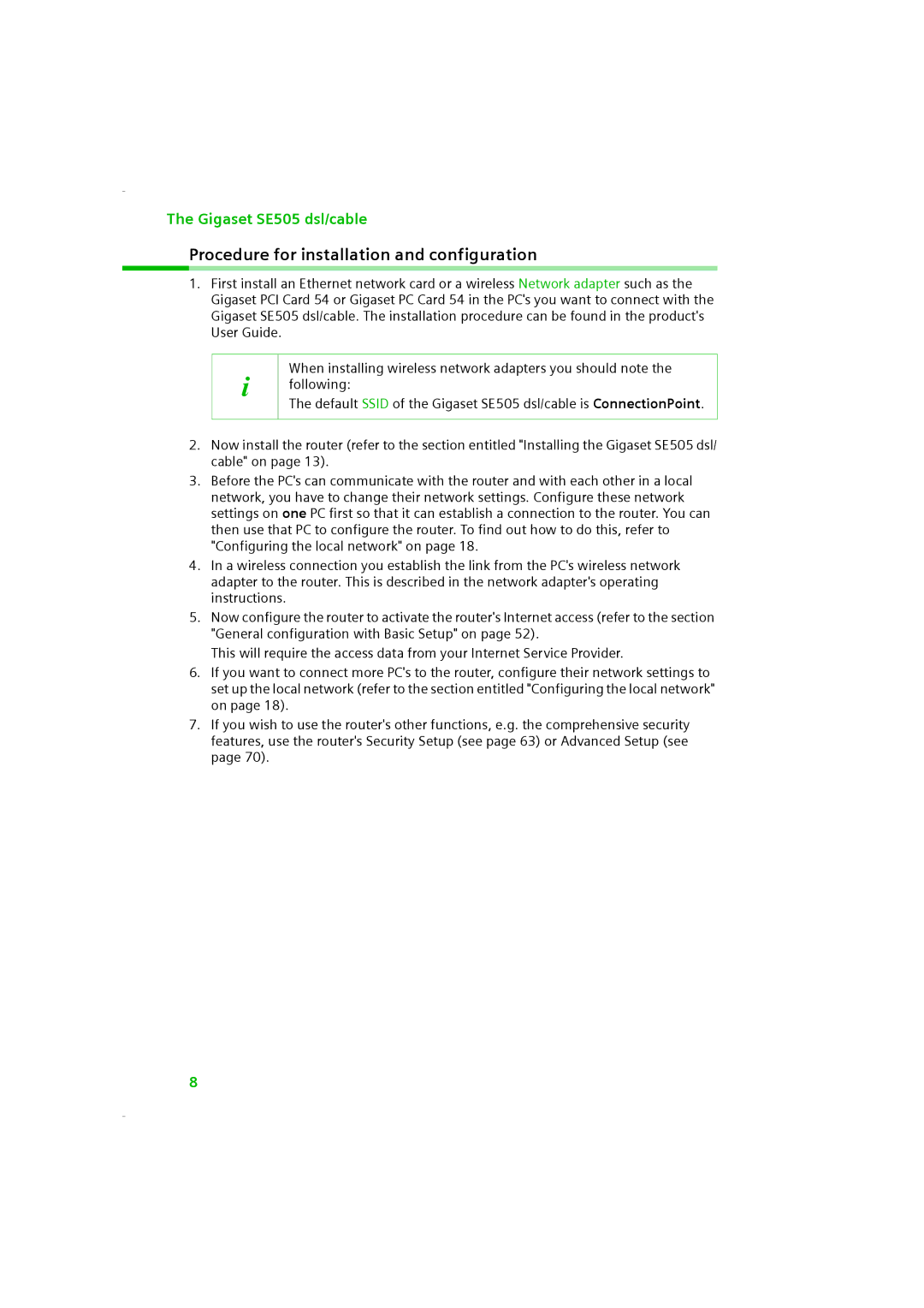 Siemens SE505 manual Procedure for installation and configuration 