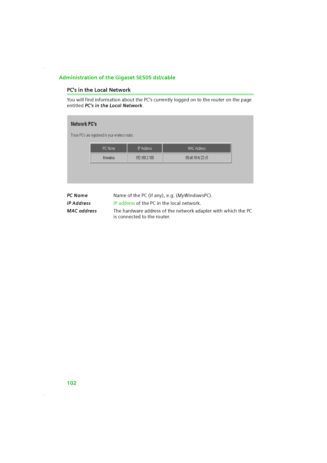 Siemens SE505 manual PCs in the Local Network, PC Name, IP Address, MAC address 