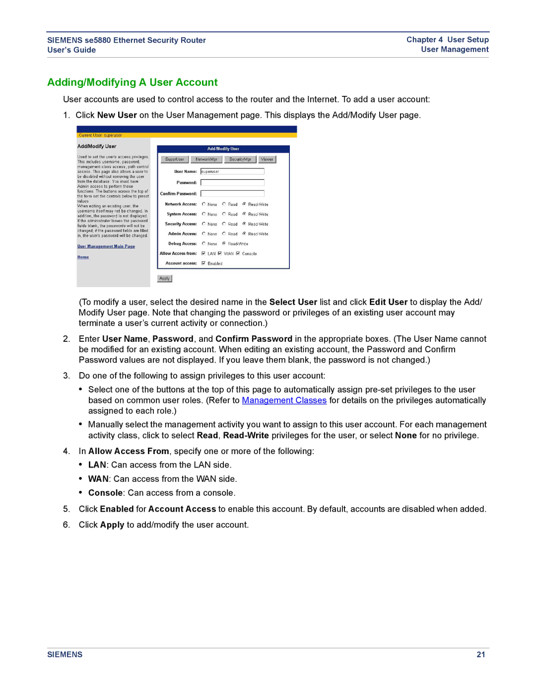 Siemens se5880 manual Adding/Modifying a User Account 