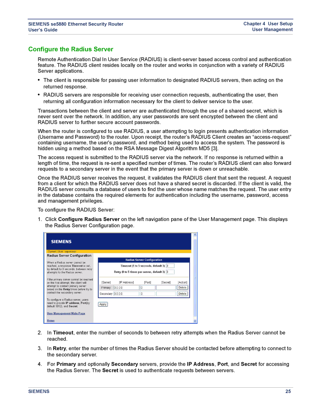 Siemens se5880 manual Configure the Radius Server 