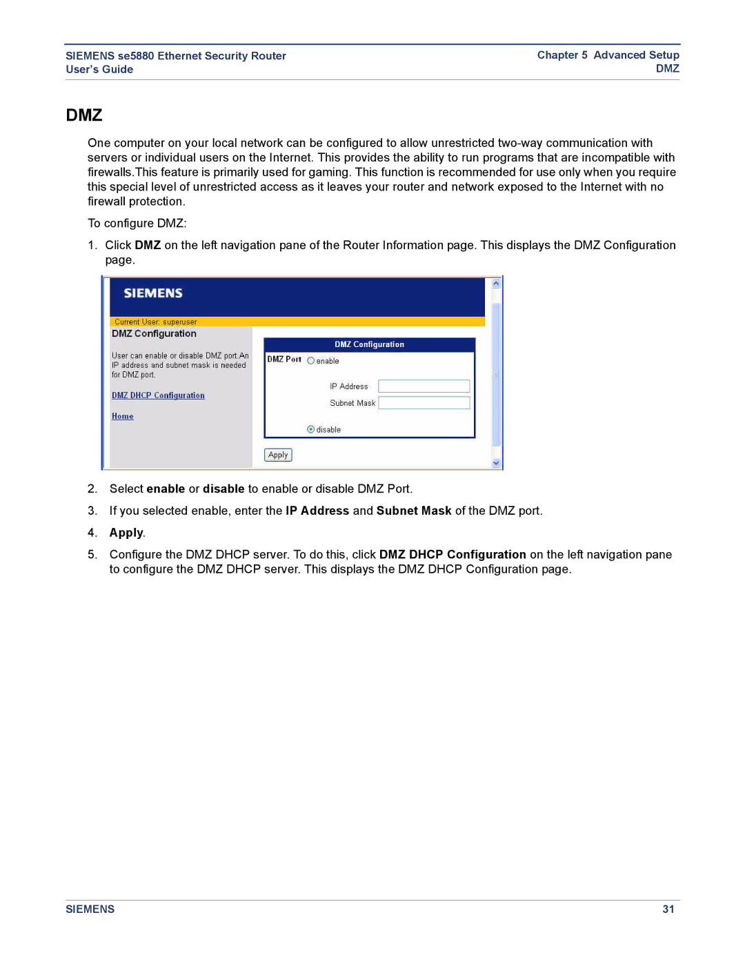 Siemens se5880 manual Dmz, Apply 