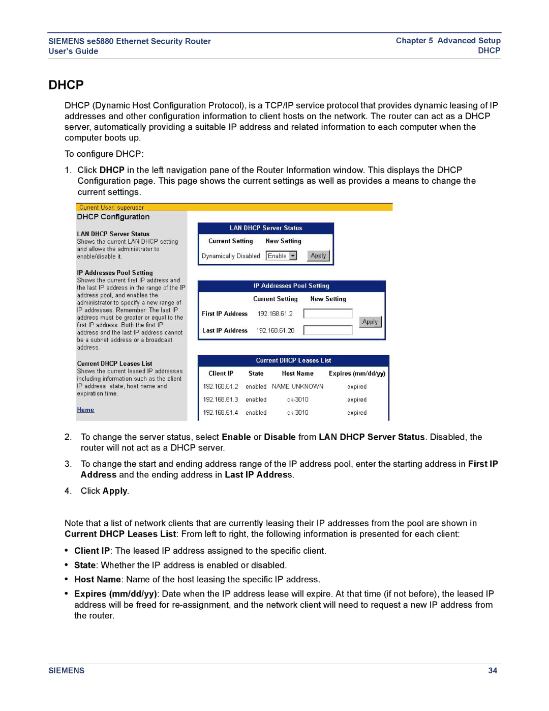 Siemens se5880 manual Dhcp 