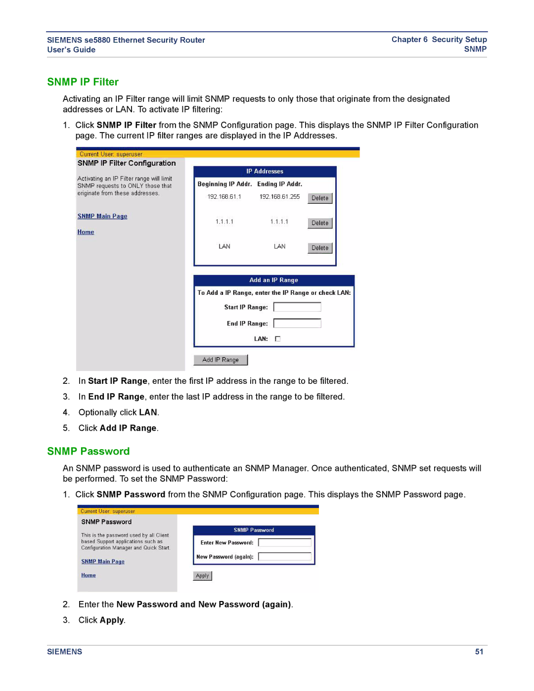 Siemens se5880 manual Snmp IP Filter, Snmp Password, Click Add IP Range, Enter the New Password and New Password again 