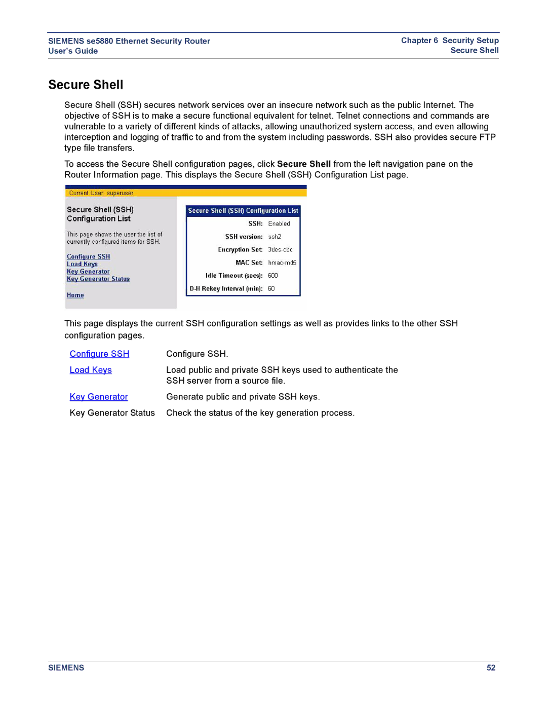 Siemens se5880 manual Secure Shell, Key Generator 