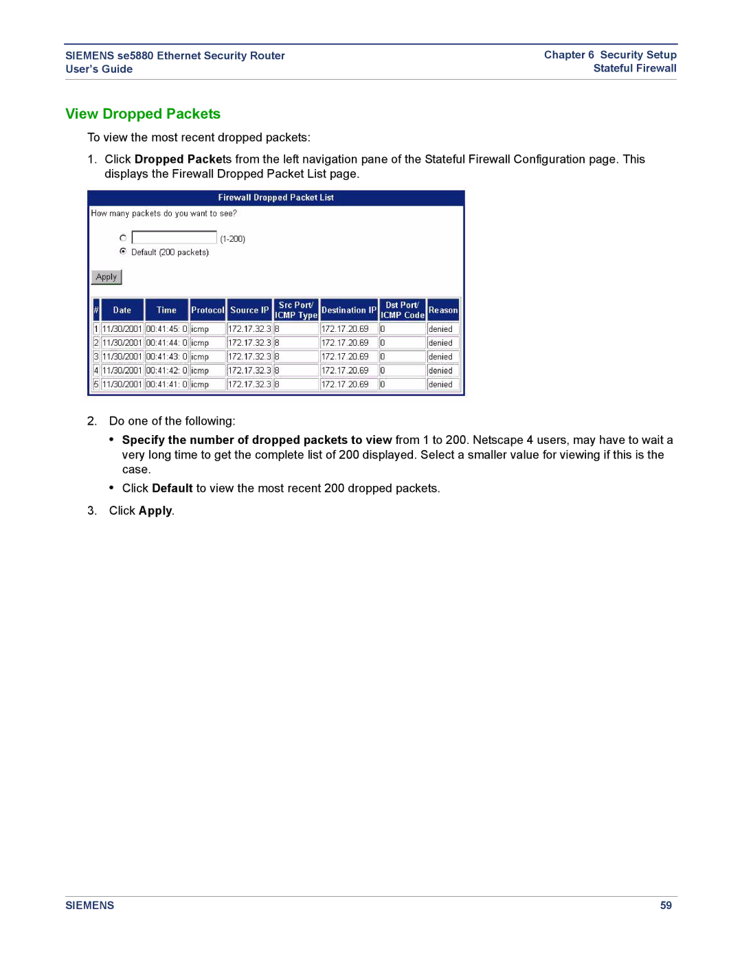 Siemens se5880 manual View Dropped Packets 