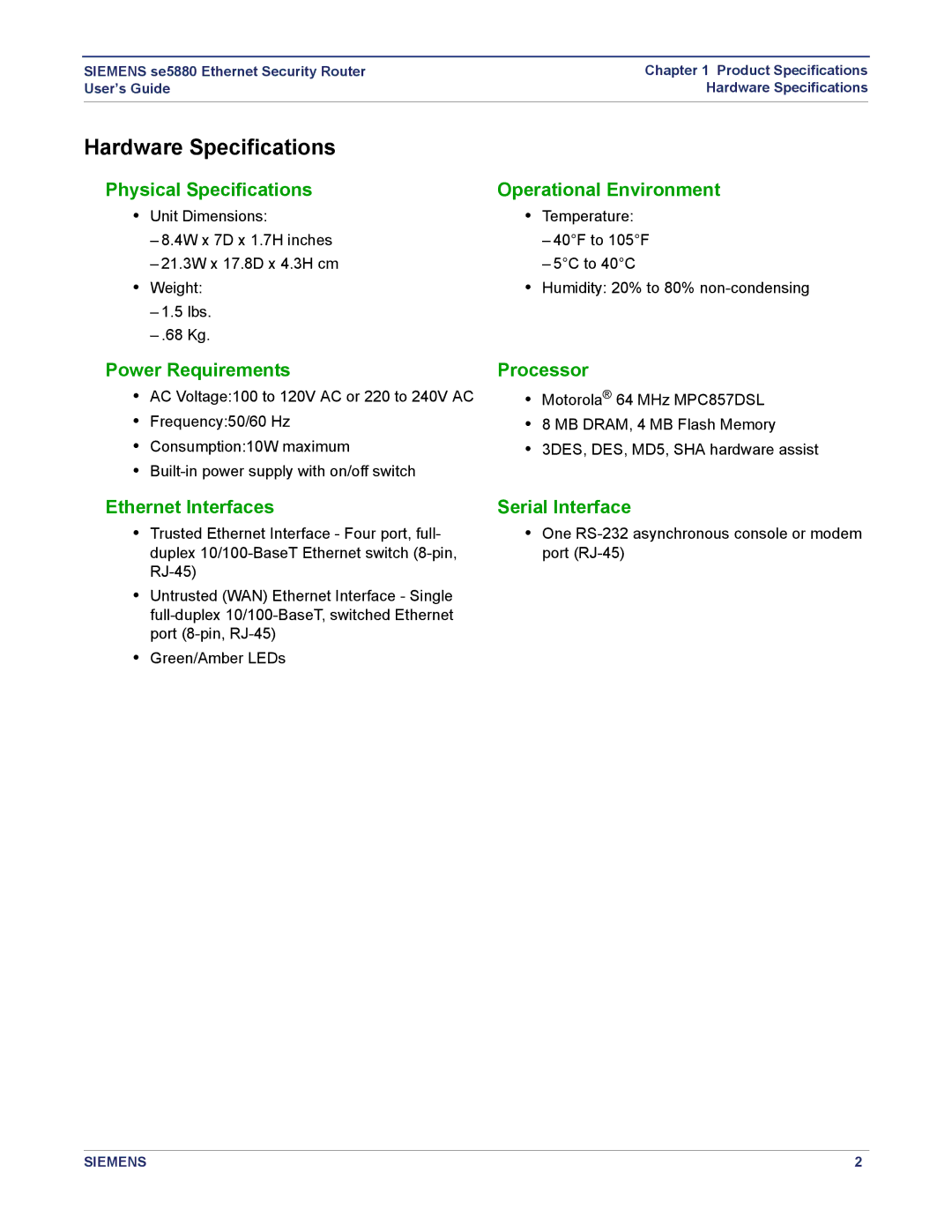 Siemens se5880 manual Hardware Specifications 