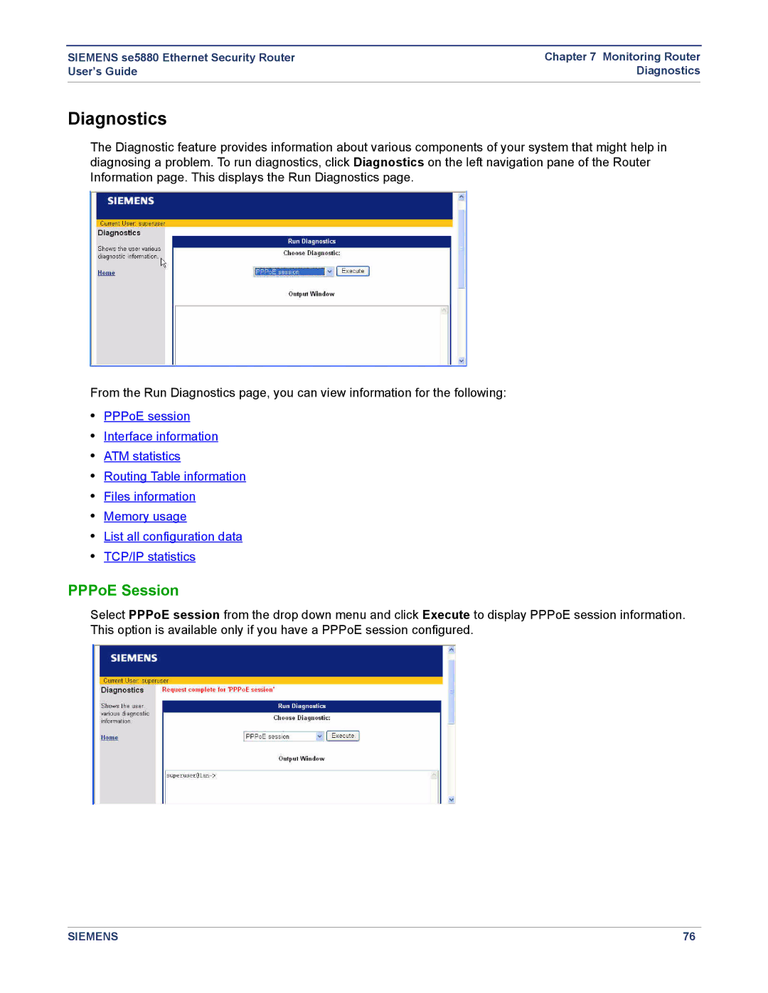 Siemens se5880 manual Diagnostics, PPPoE Session 