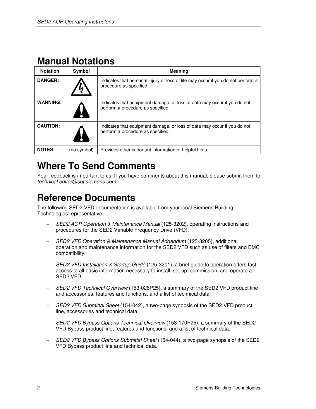 Siemens SED2 manual Manual Notations, Where To Send Comments, Reference Documents, Notation Symbol Meaning 