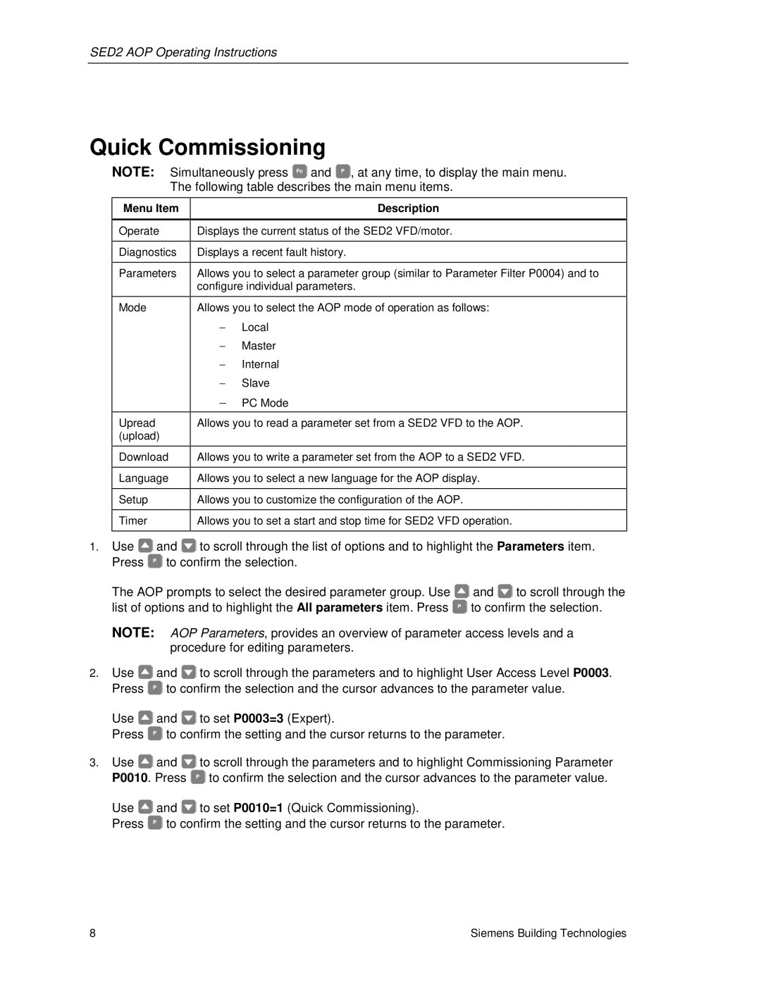 Siemens SED2 manual Quick Commissioning, Menu Item, Description 