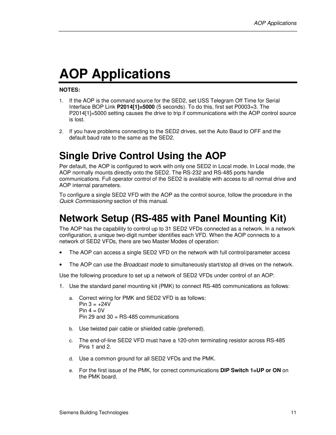 Siemens SED2 manual AOP Applications, Single Drive Control Using the AOP, Network Setup RS-485 with Panel Mounting Kit 