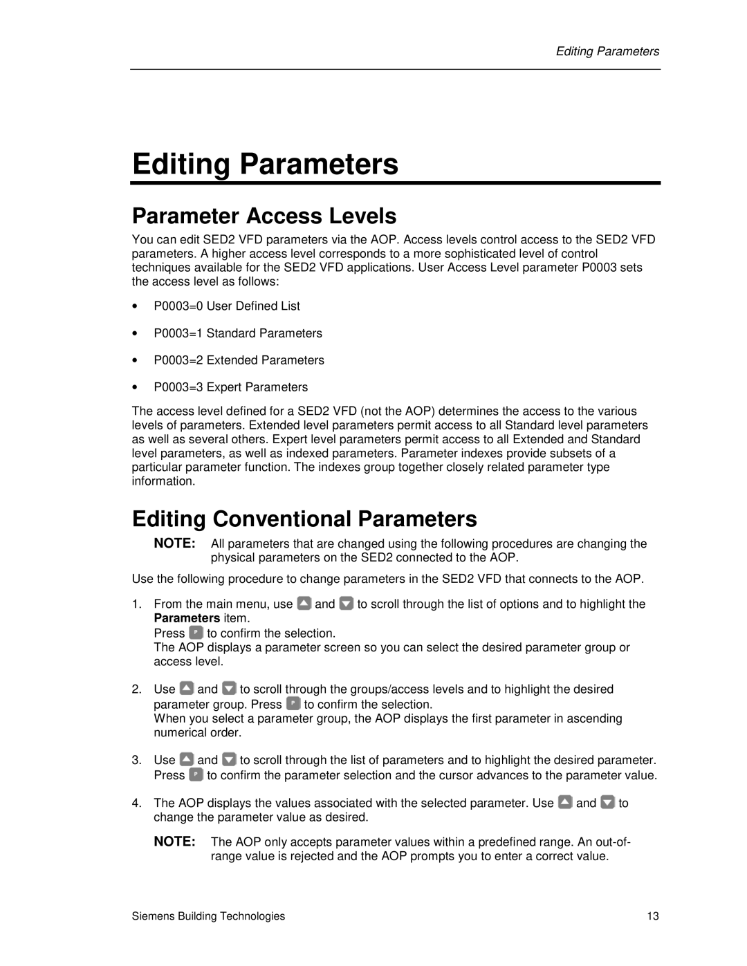 Siemens SED2 manual Editing Parameters, Parameter Access Levels, Editing Conventional Parameters 