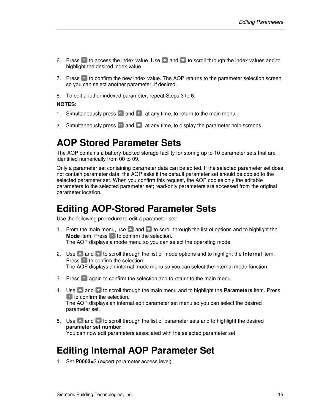 Siemens SED2 manual AOP Stored Parameter Sets, Editing AOP-Stored Parameter Sets, Editing Internal AOP Parameter Set 