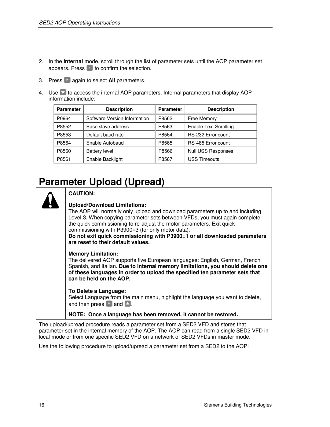 Siemens SED2 manual Parameter Upload Upread, Upload/Download Limitations 