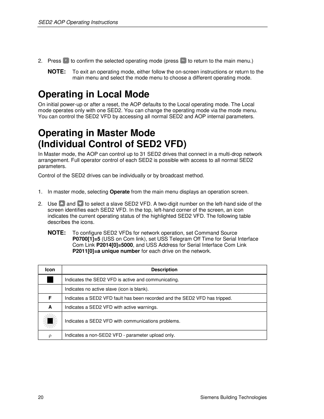 Siemens manual Operating in Local Mode, Operating in Master Mode Individual Control of SED2 VFD, Icon Description 