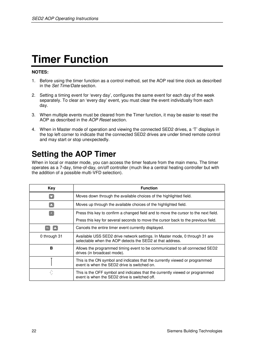 Siemens SED2 manual Timer Function, Setting the AOP Timer, Key 