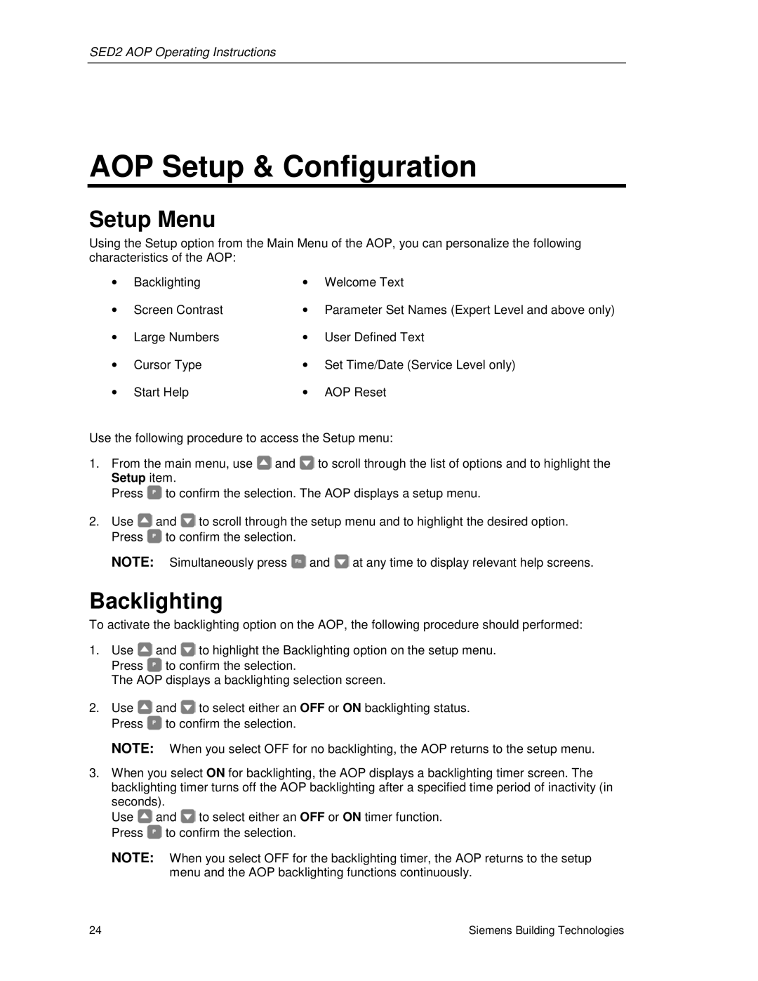 Siemens SED2 manual AOP Setup & Configuration, Setup Menu, Backlighting 