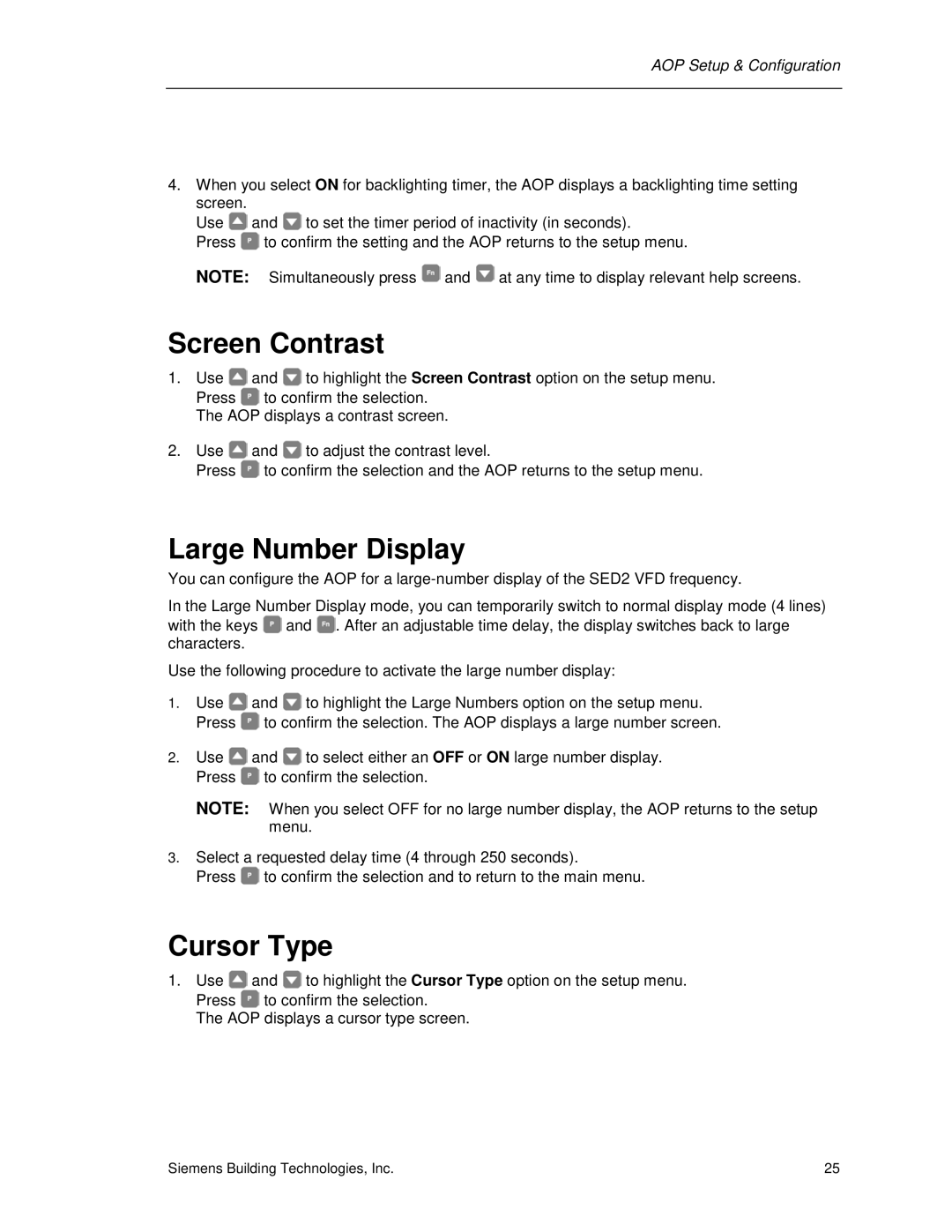 Siemens SED2 manual Screen Contrast, Large Number Display, Cursor Type 