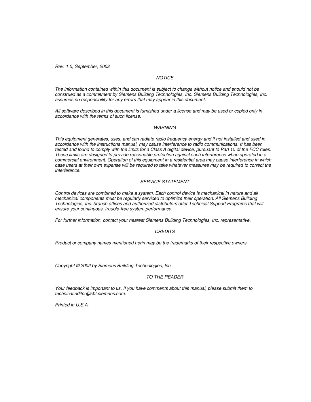 Siemens SED2 manual Service Statement 