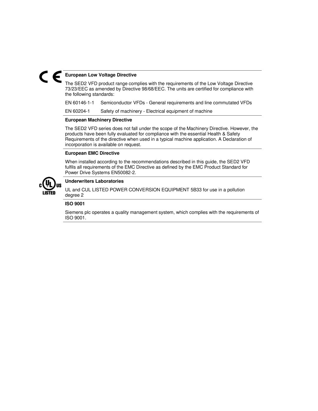 Siemens SED2 manual European Low Voltage Directive, European Machinery Directive, European EMC Directive, Iso 