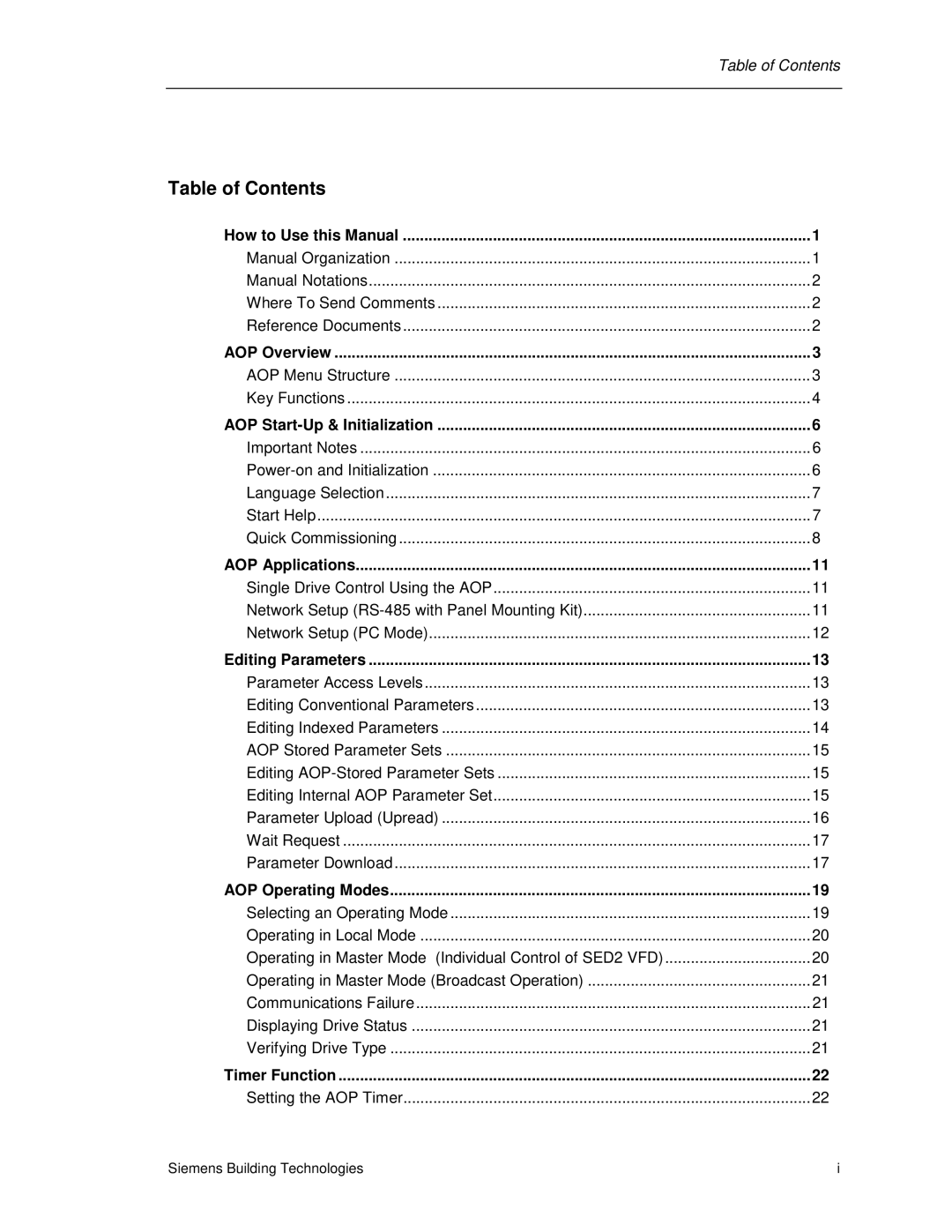 Siemens SED2 manual Table of Contents 