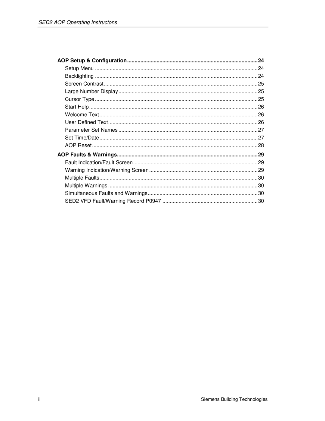 Siemens SED2 manual AOP Setup & Configuration, AOP Faults & Warnings 
