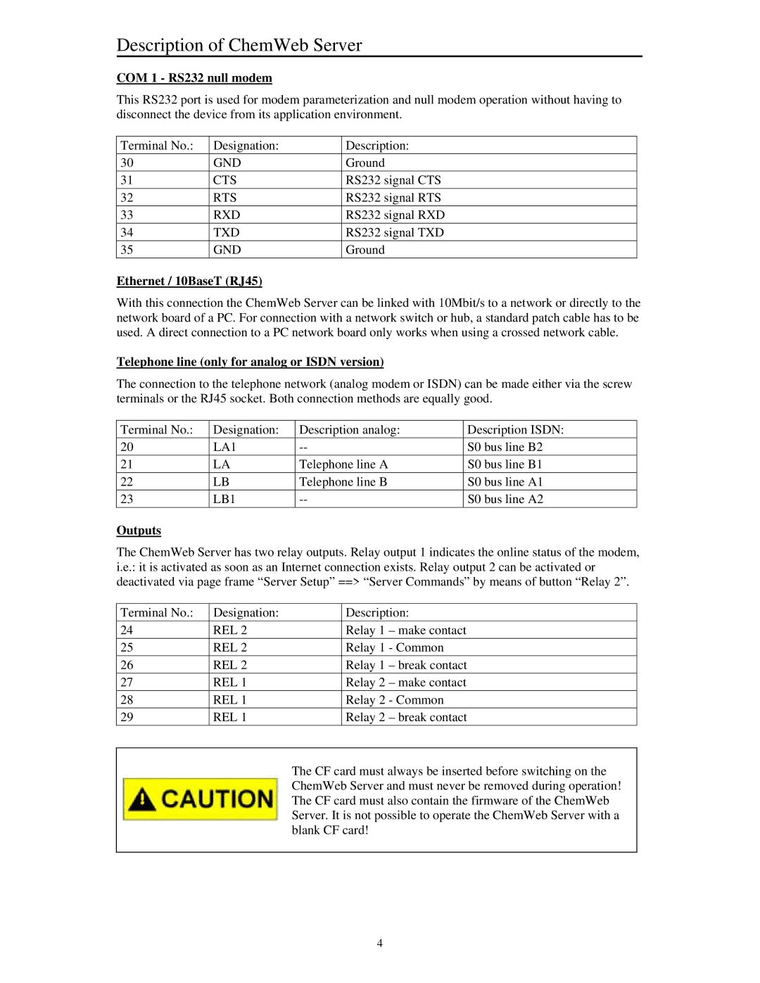 Siemens Server COM 1 RS232 null modem, Ethernet / 10BaseT RJ45, Telephone line only for analog or Isdn version, Outputs 