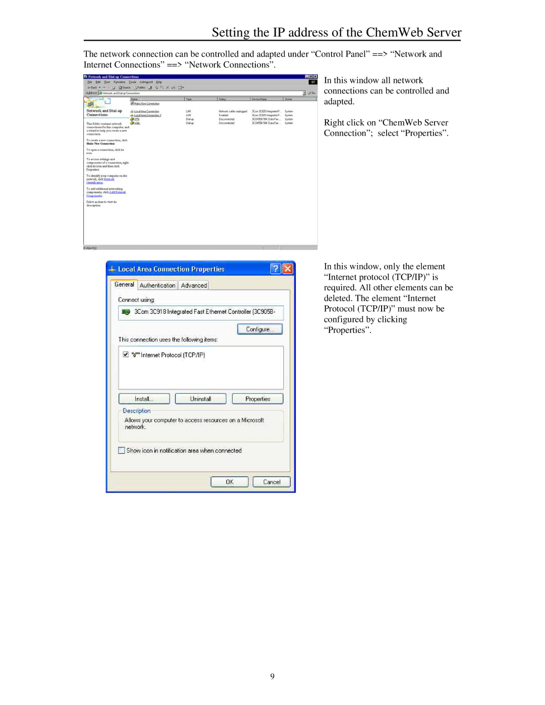 Siemens manual Setting the IP address of the ChemWeb Server 