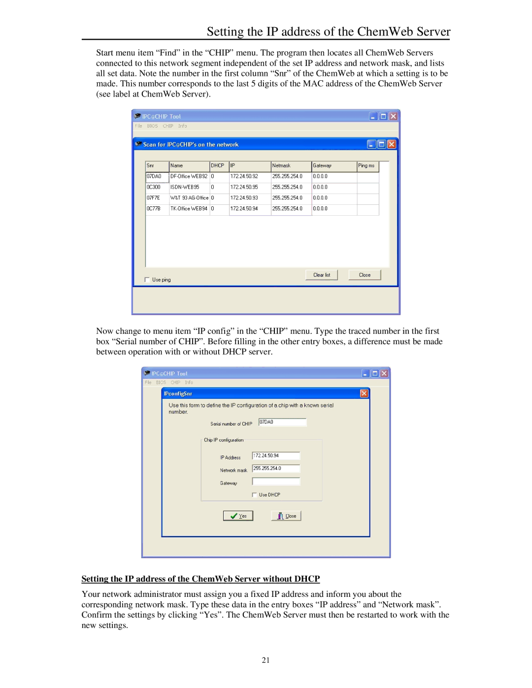 Siemens manual Setting the IP address of the ChemWeb Server without Dhcp 