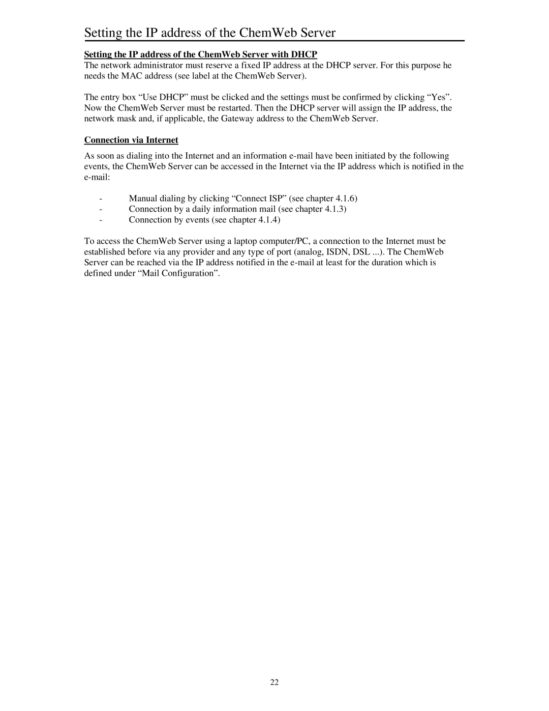 Siemens manual Setting the IP address of the ChemWeb Server with Dhcp, Connection via Internet 