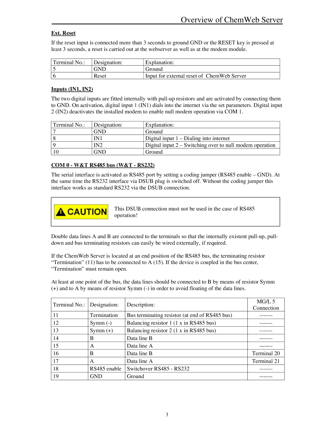 Siemens Server manual Ext. Reset, Inputs IN1, IN2, COM 0 W&T RS485 bus W&T RS232 