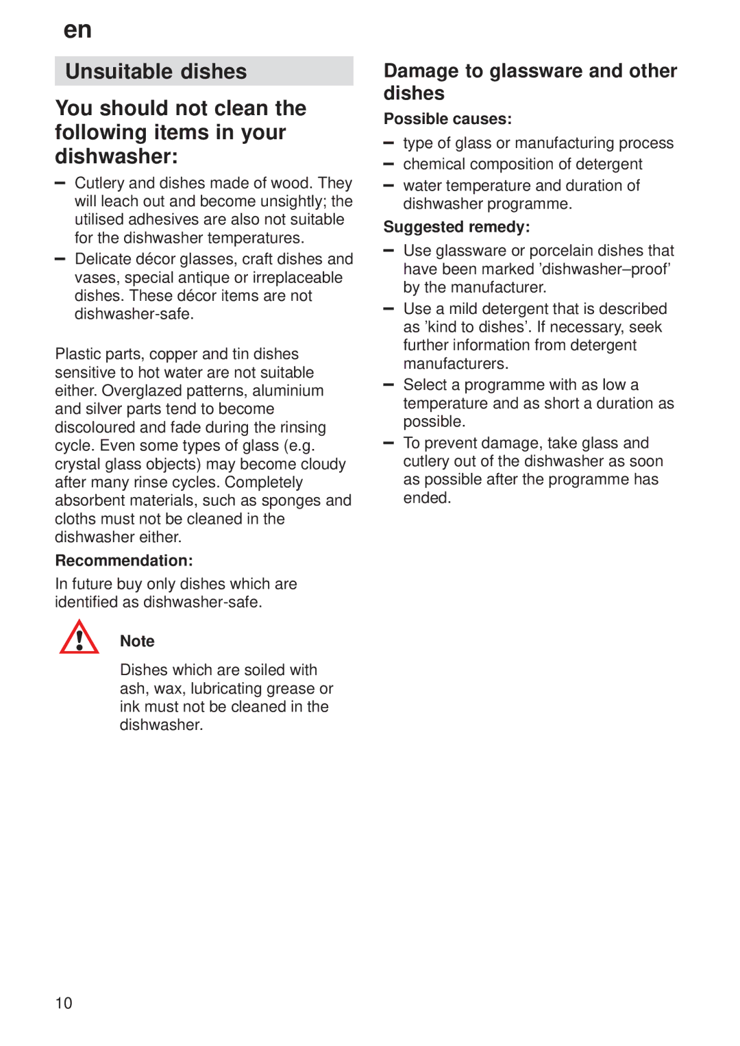 Siemens SF64M330GB/15 manual Damage to glassware and other dishes, Recommendation, Possible causes, Suggested remedy 