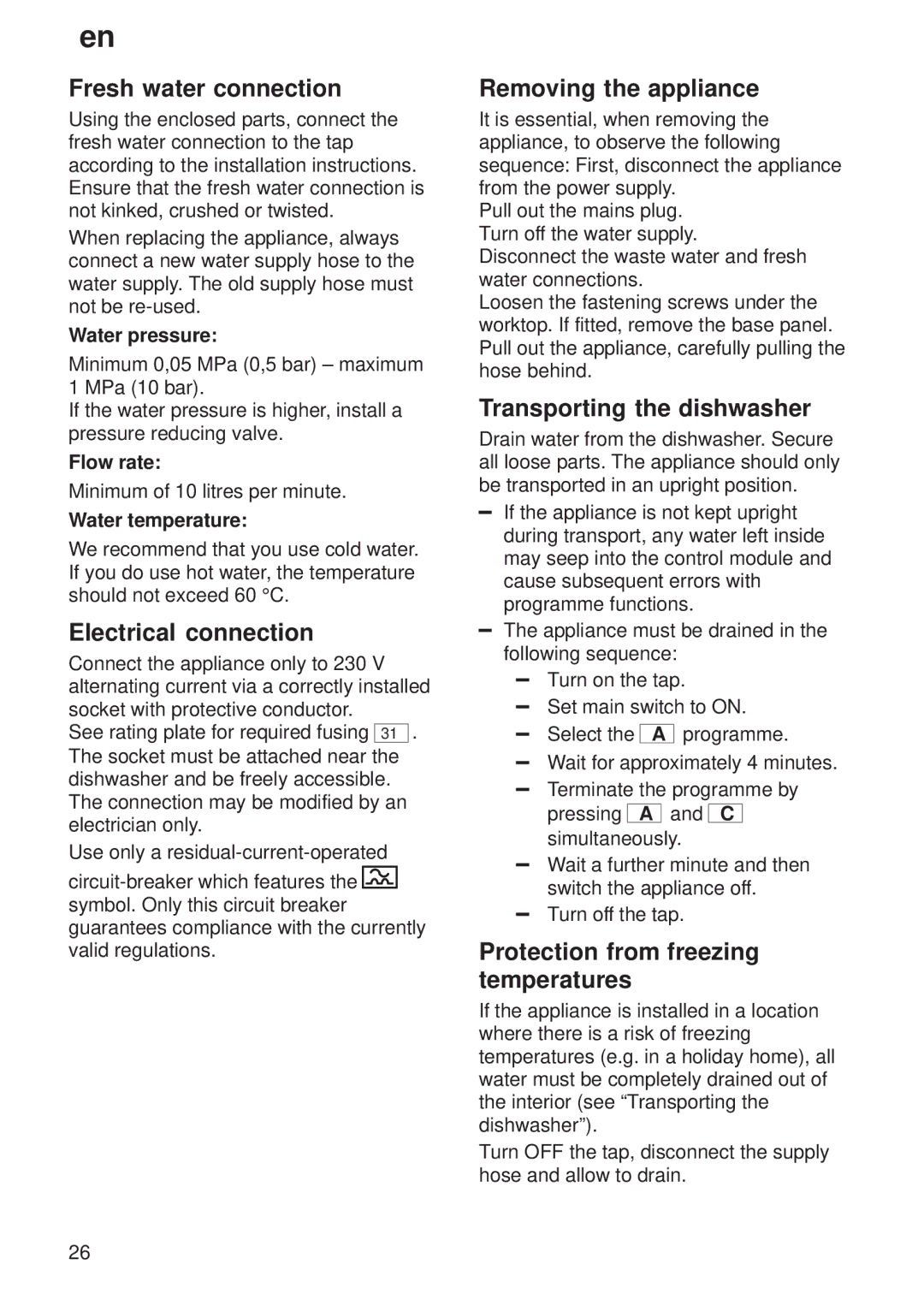 Siemens SF64M330GB/15 Fresh water connection, Electrical connection, Removing the appliance, Transporting the dishwasher 