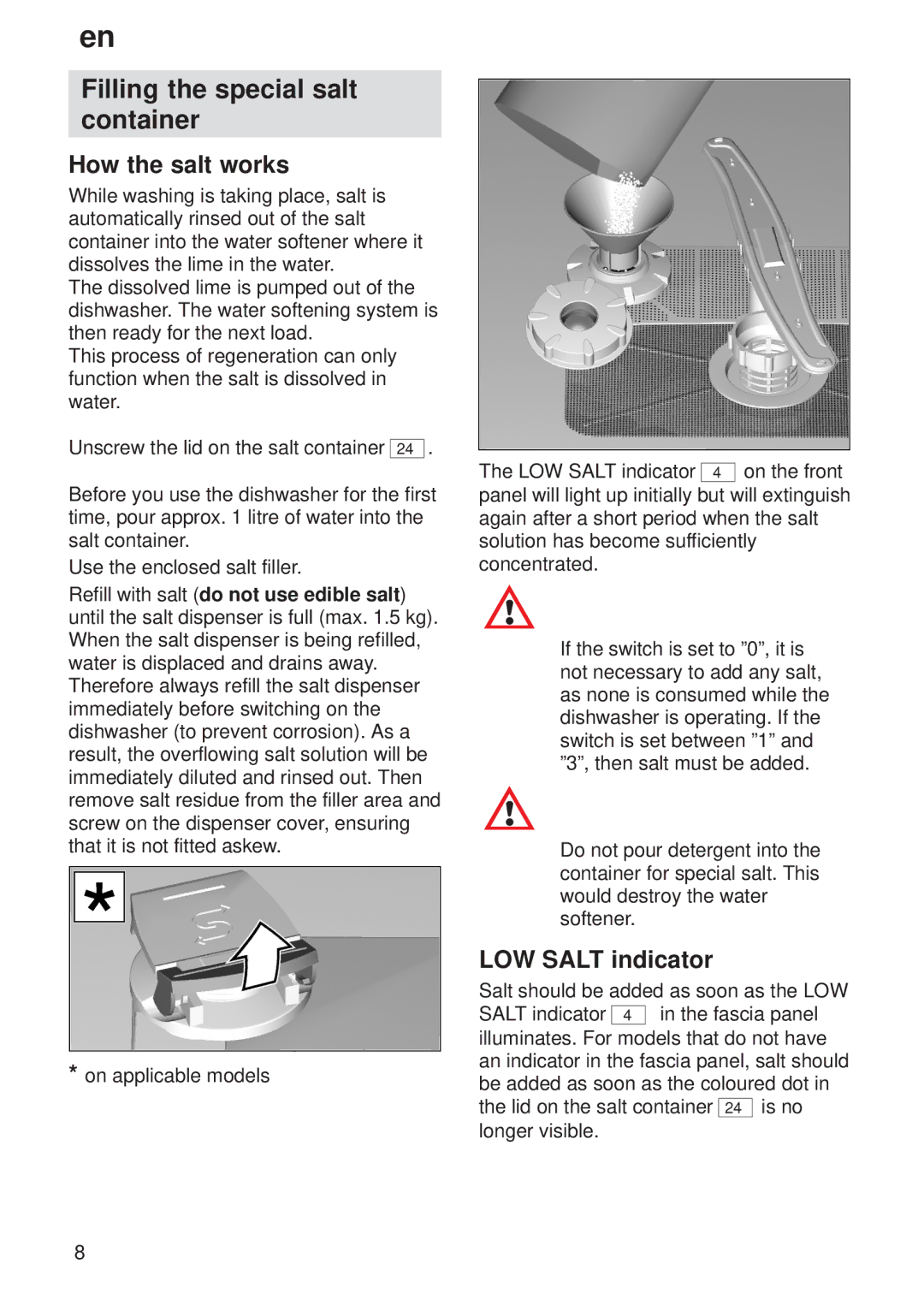 Siemens SF64M330GB/15, 9000006261(8401) manual Filling the special salt container, How the salt works, LOW Salt indicator 