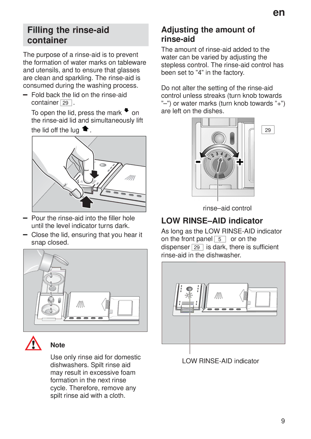 Siemens 9000006261(8401) manual Filling the rinse-aid Container, Adjusting the amount of rinse-aid, LOW RINSE±AID indicator 