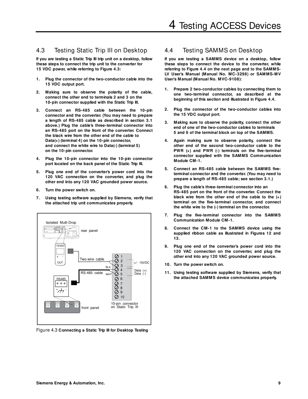 Siemens SG-6048-01 manual Testing Static Trip III on Desktop, Testing Samms on Desktop 