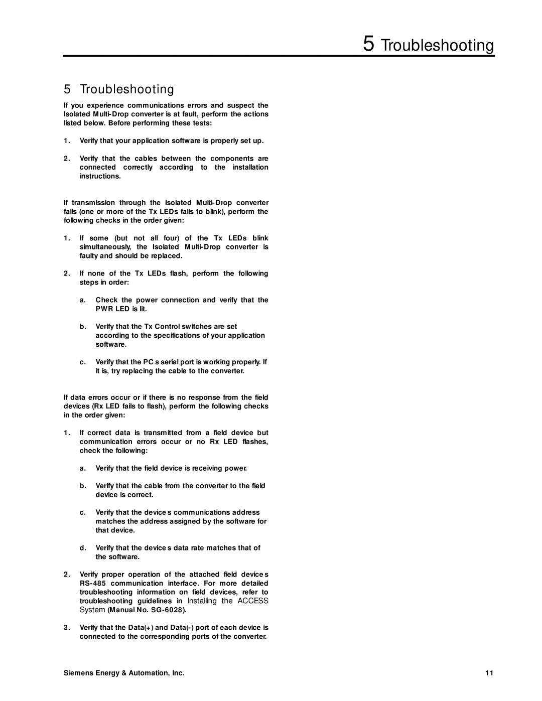 Siemens SG-6048-01 manual Troubleshooting 