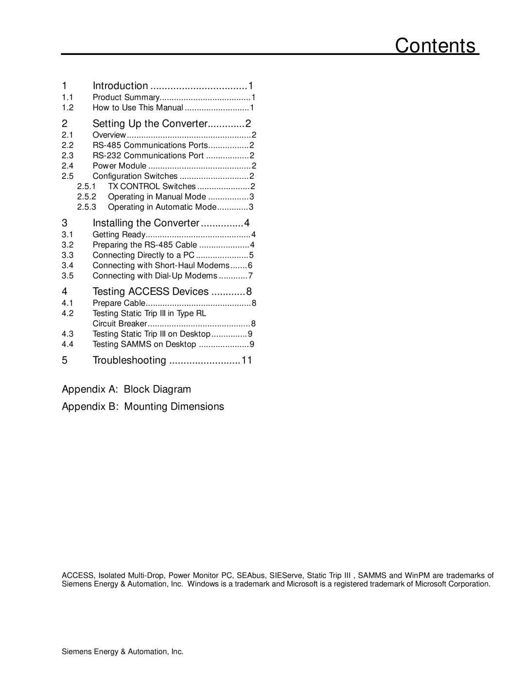 Siemens SG-6048-01 manual Contents 