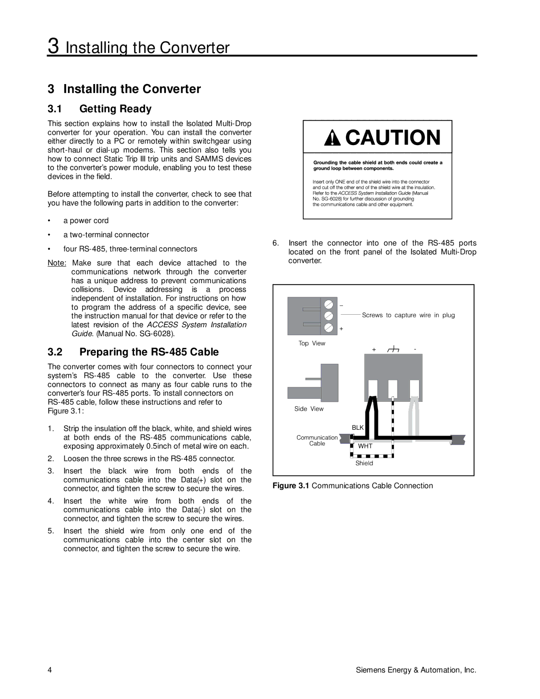 Siemens SG-6048-01 manual Installing the Converter, Getting Ready, Preparing the RS-485 Cable 