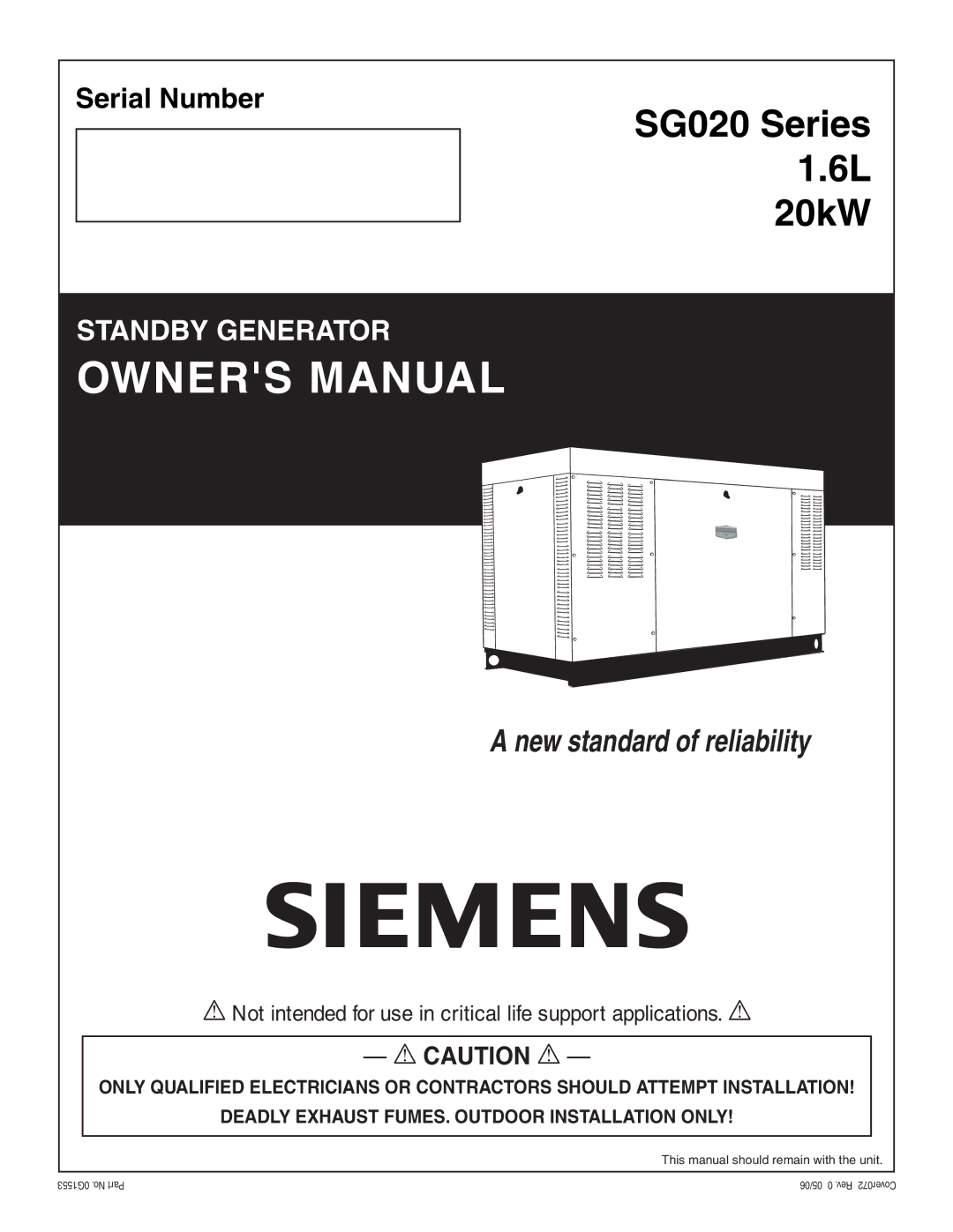 Siemens owner manual SG020 Series 1.6L 20kW 