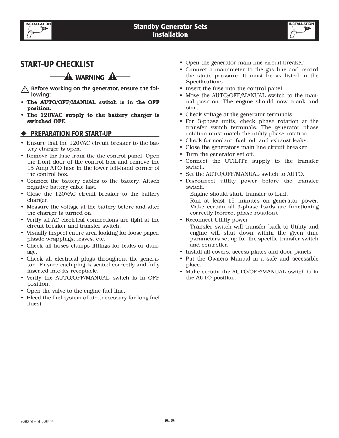 Siemens SG020 owner manual START-UP Checklist, ‹ Preparation for START-UP 