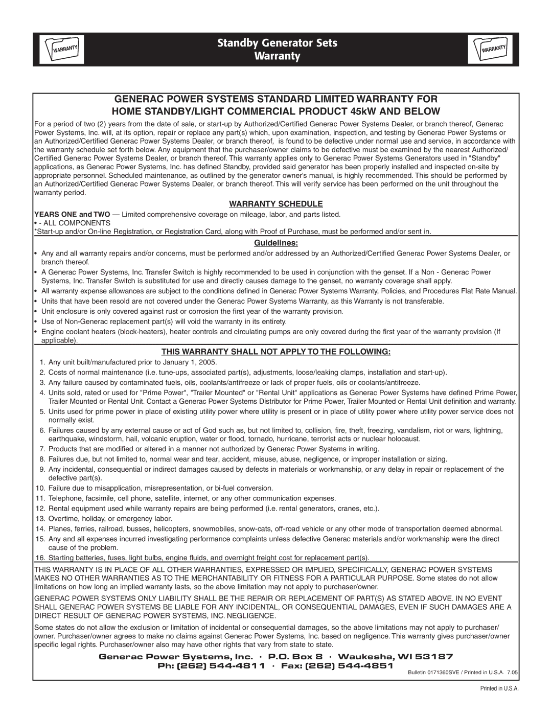 Siemens SG020 owner manual Standby Generator Sets Warranty 