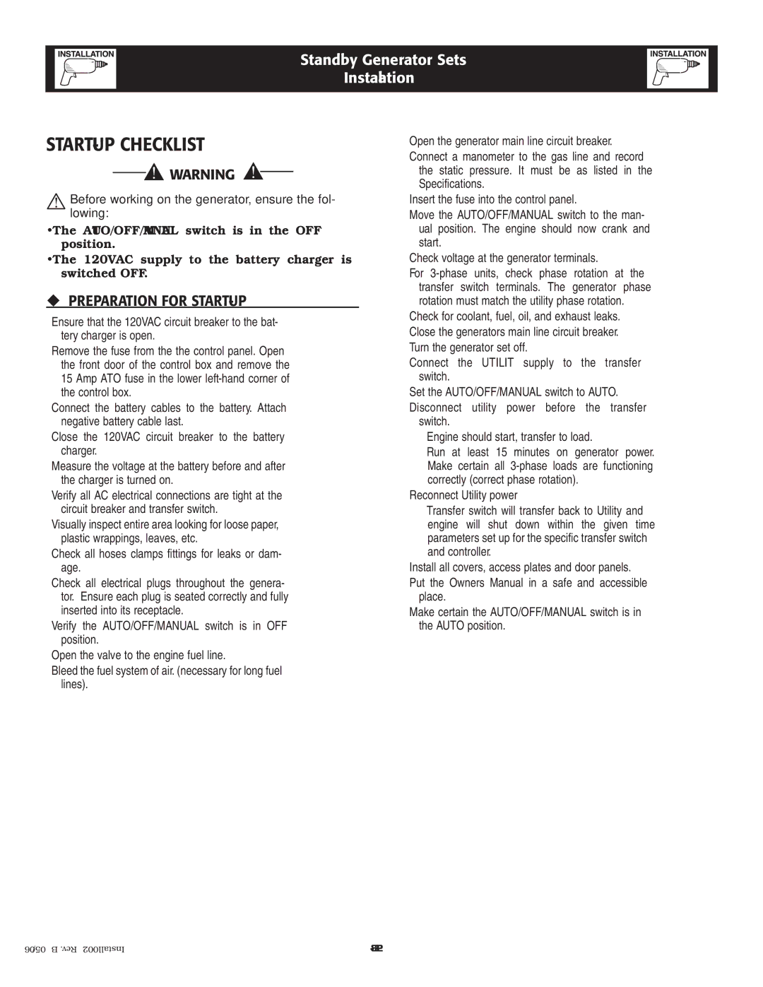 Siemens SG035 owner manual START-UP Checklist, ‹ Preparation for START-UP 