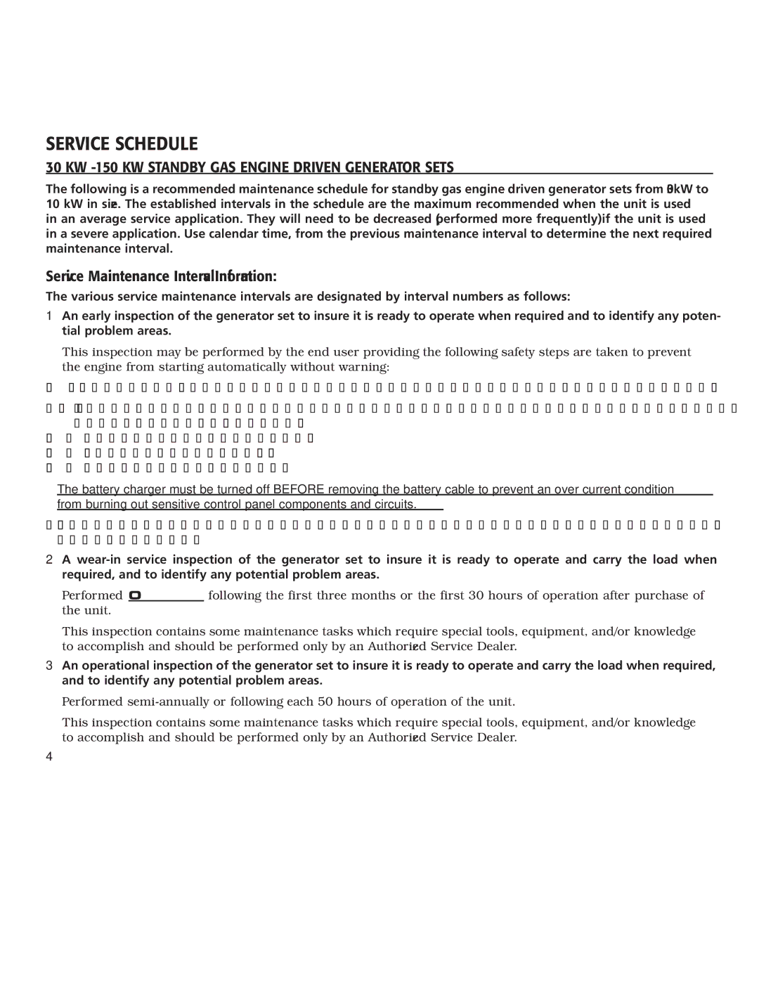 Siemens SG035 owner manual Service Schedule, KW 150 KW Standby GAS Engine Driven Generator Sets 