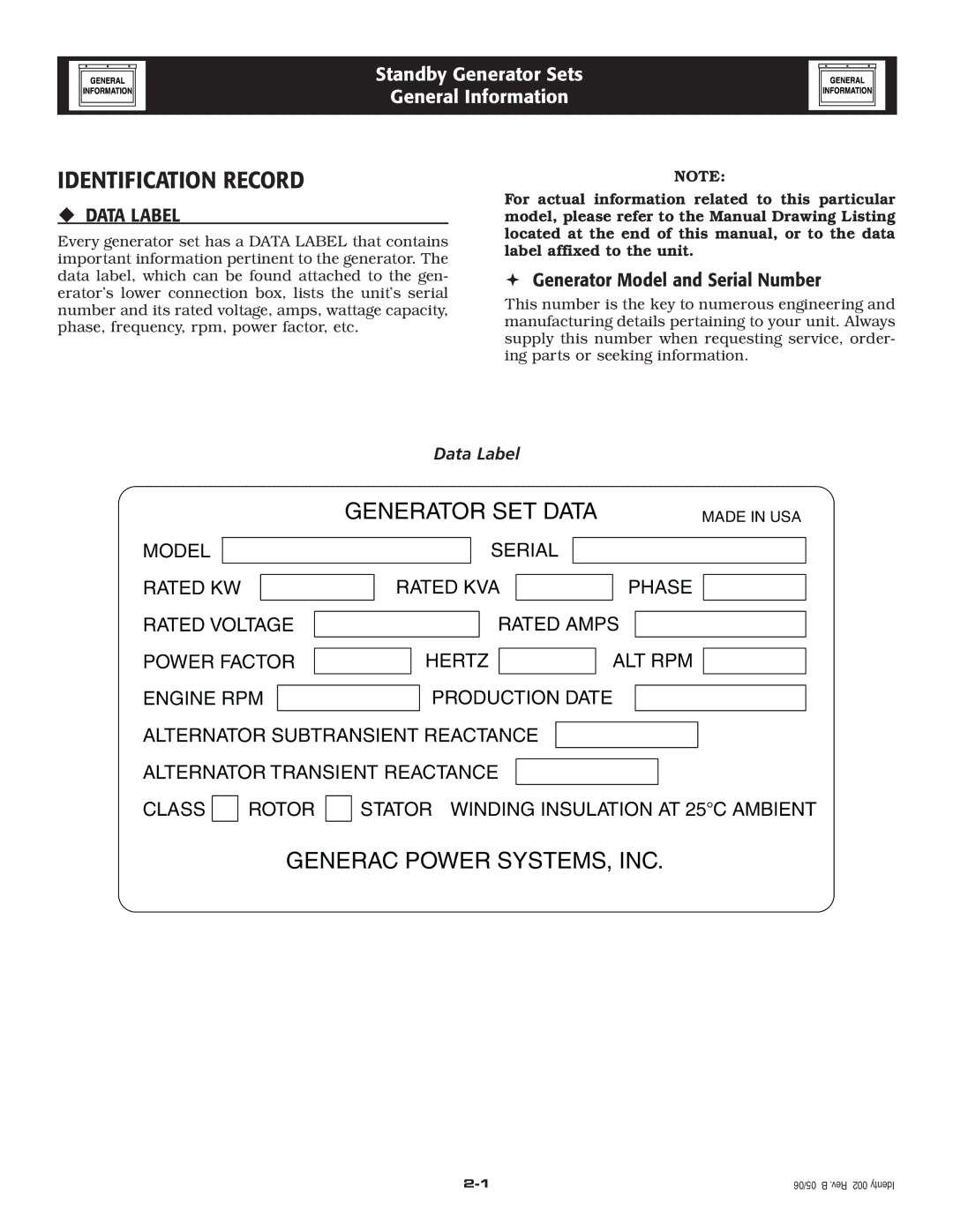 Siemens SG035 owner manual Identification Record, ‹ Data Label 