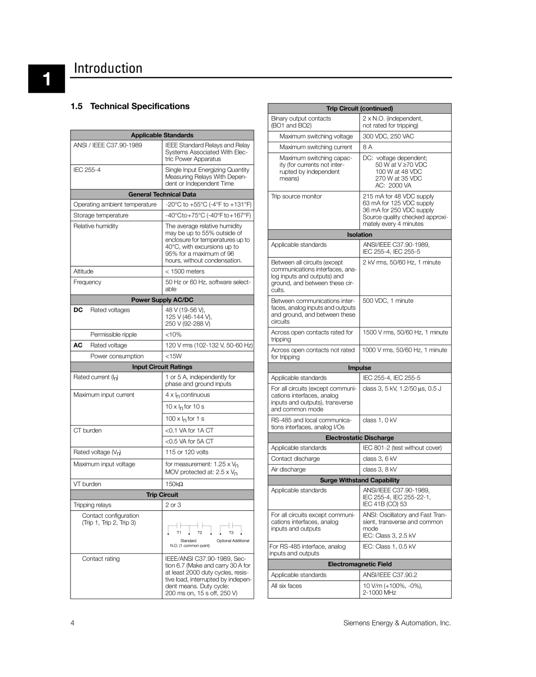 Siemens SG8158-00 manual Technical Specifications 