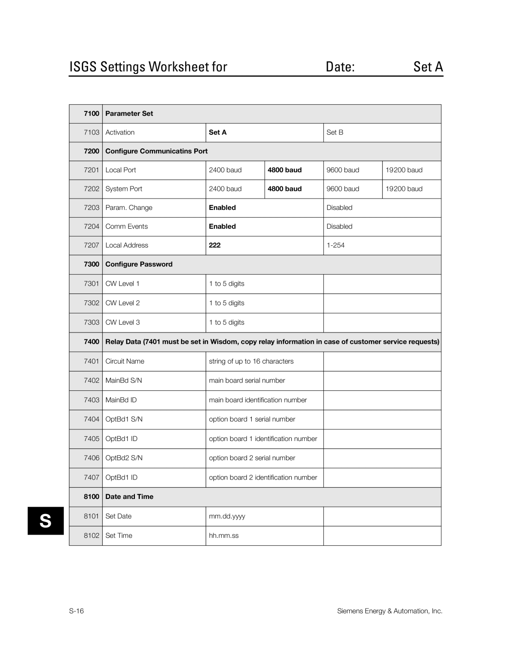 Siemens SG8158-00 manual Isgs Settings Worksheet for Date 