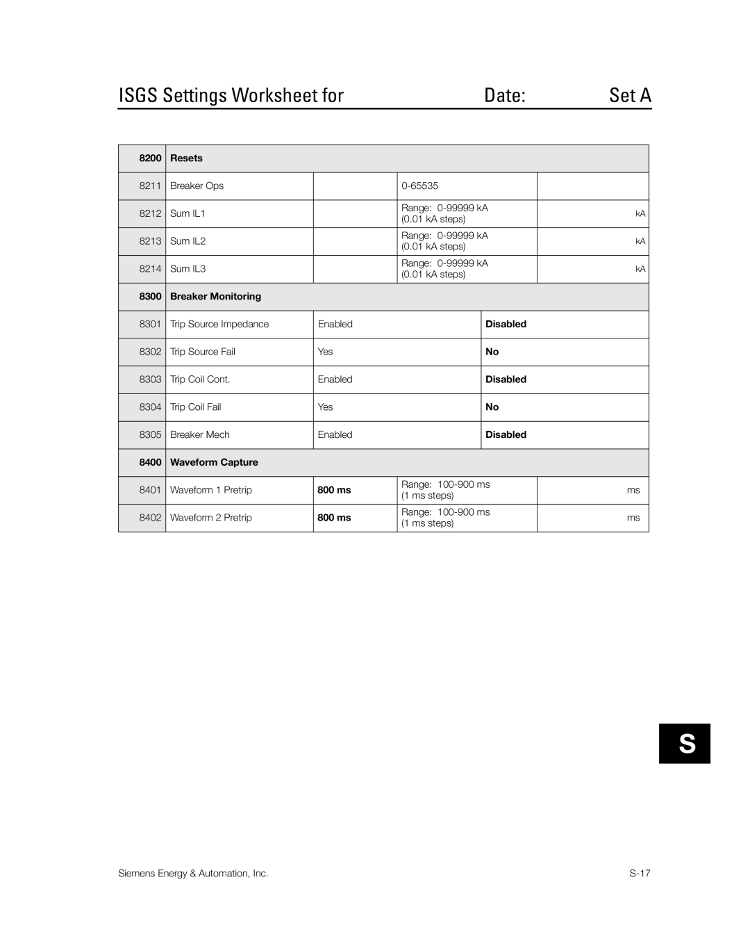 Siemens SG8158-00 manual Isgs Settings Worksheet for Date 