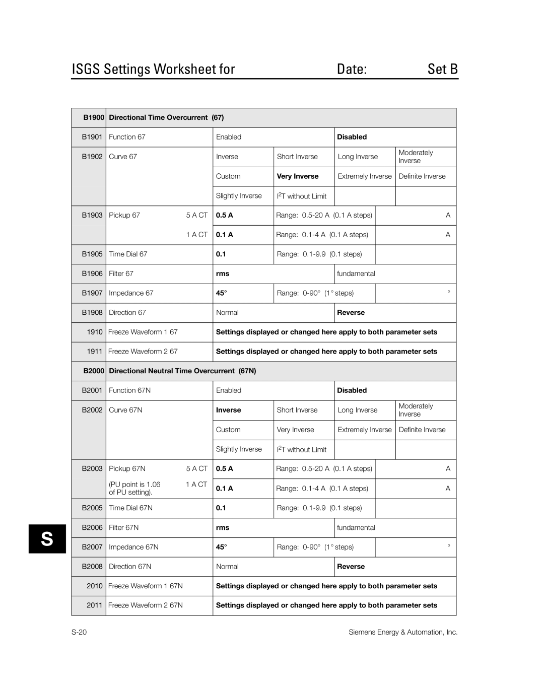 Siemens SG8158-00 manual Isgs Settings Worksheet for Date Set B 